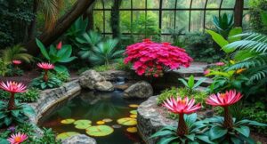 botanical garden with pond and lily pads and flowers surrounding