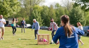People outdoors playing game on grass