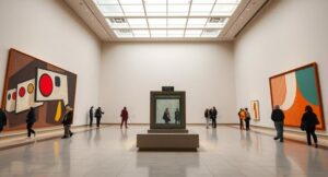 Art museum with paintings and people